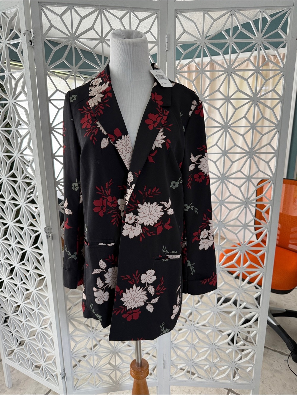 bobeau Black Blazer with Red & Cream Floral Print